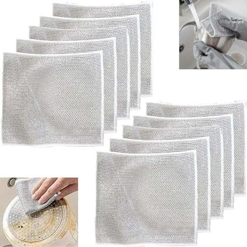 2024 New Double Layer Multipurpose Wire Dishwashing Rags - Non-Scratch Metal Wire & Microfiber Scrubbing Pads for Wet/Dry Use - Ultimate Kitchen Cleaning Cloths (10PCS)