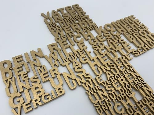 Vater unser Gebet aus Holz Kreuz geschnitten Geschenk Taufe Konfirmation Kommunion Wandschmuck Wandkreuz 28cm x 21cm Deutsch (Gold)
