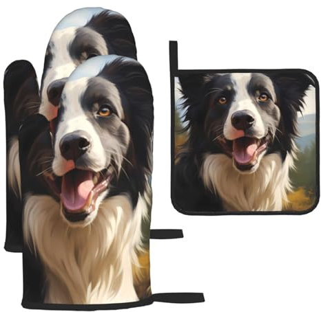 YYHHAOFA Lot de 3 gants de cuisine imperméables et durables pour four et manique pour isolation thermique Motif Border Collie