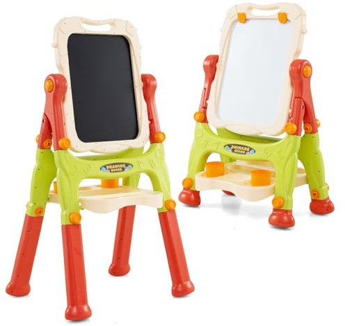 HOMASIS Kinder Tafel doppelseitig, Kindertafel mit Whiteboard & Kreidetafel, Standtafel mit verstellbaren Höhe & Winkel, magnetische Maltafel Schultafel für Kinder ab 3 Jahren (Ohne Zubehör, Orange)