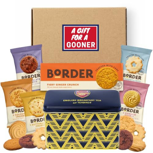 Football Fan Gifts For Arsenal Fans Hamper Bundle With Arsenal Gifts Merchandise Highbury Stadium Officially Licensed Tea Tin, Border Biscuits Ginger and x5 Borders Biscuits Mini Packs