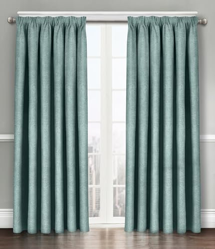 Florelle Energy Saving Thermal Blockout Curtains Tape Top Curtains Semi Plain Embossed Textured Woven Window Treated Curtain Pair Multi Use (Duck Egg, W 46 x L 54 (2 Panels))