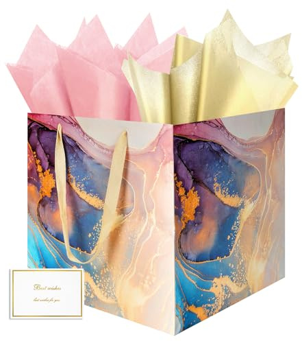 HONTIUS 11,8'' Sacchetti Regalo, Quadrato Sacchetto Regalo Grande Grandi Medie con Carta Velina e Carte，32 * 25 * 13cm Borsa Regalo Compleanno per Bambini Ragazze Nozze Natale 1 Pezzi Colorato