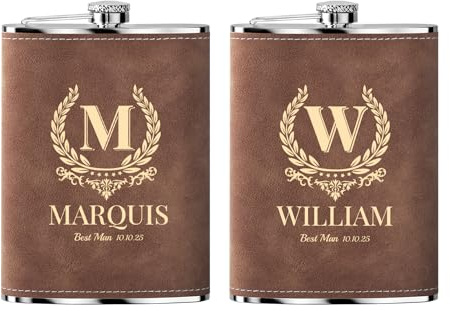 Flasque a Alcool Fiole Personnalisé 2 Pièces Whisky Acier Inoxydable 304 Cadeaux de Mariage Flask Cuir Gravé Marron 8oz