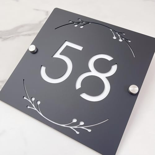 Plaque de Numéro de Maison en Acrylique Creux 3D avec Design Floral Ornemental – Plaque d'Adresse Personnalisée Gravée au Laser pour Mur, Plaque de Numéro de Porte Flottante à Finition Mate (Noir