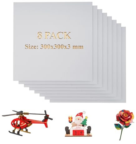 Uadme Contrachapado de Colores 3 mm, 8 Hojas de Contrachapado de Tilo, Planchas de Madera para Corte Laser 30x30 cm, para DIY, Pirograbado Corte por Laser CNC Router Modelado (Blanco)