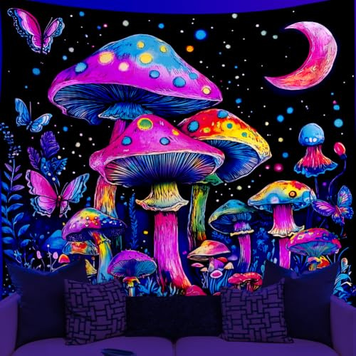 WEBEEDY Tapisserie Mystérieuse aux Champignons Réactive aux UV avec des Buissons de Champignons Papillons et Lune Idéale pour Décorer une Chambre Ou un Mur à la Maison. 150x130cm