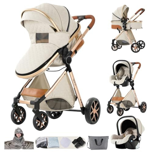 3 in 1 Kinderwagen,Geräumiger Kombi-Kinderwagen Weib | Einfach zusammenklappbar, reichhaltiges Zubehör für tägliche Ausflüge mit dem Kind.