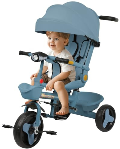 Dreirad 5-in-1 mit Schiebestange von 18 Monaten bis 25 kg, Baby-Dreirad, skalierbares Baby-Fahrrad, 1 Jahr, mitwachsend, Licht und Musik, drehbarer Sitz, blau