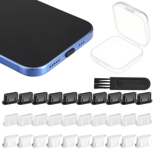 30 Pcs Type C Anti Dust Plugs USB C Port Cover Charging Port Protector Covers Silicone Plug Cover Cap with Portable Storage Box and Brush Compatible with Type-C Smartphones Tablet Device Accessory