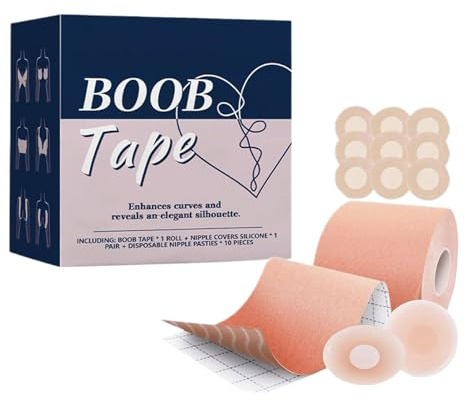 Brust Tape Set, 5M Unsichtbare Bruststraffungs Tapes Rollen, Wasserfestes Bruststraffung Tape Set mit Brustwarzenabdeckungen aus Silikon, Atmungsaktive Bruststraffung Patches Sets, für Damen BH