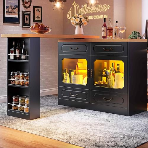 Lahoomu Ausziehbarer Bartisch mit Stauraum(135-203×39×92.8cm), 360° drehbare Essbar, für Schlafzimmer, Wohnzimmer, Esszimmer, Teleskopischer Bartisch mit LED, Hochtisch Kücheninsel, Schwarz