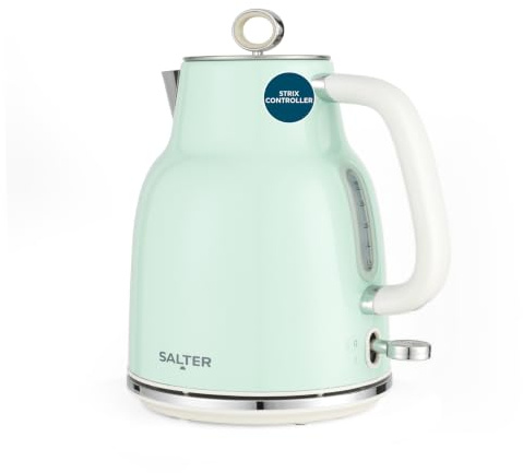 Salter Hervidor de agua verde retro de 1,7 l - ebullición rápida de 3 kW, base de 360°, filtro de cal extraíble, inalámbrico, ventana de nivel de agua, luz indicadora azul, sensor de ebullición y