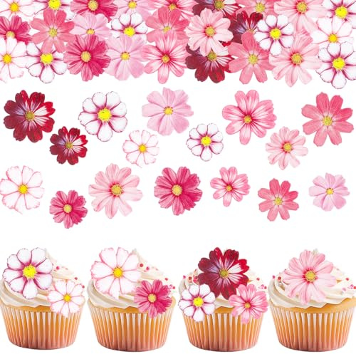 GoldRock 65 Stk Glücksblume Tortendeko Essbar, Essbare Blüten Tortendeko Rosa Weiß, Essbare Blumen für Torte,Esspapier Kuchen Deko Blüten, Torten Deko Blumen Essbar für Geburtstag, Hochzeit, Babyparty