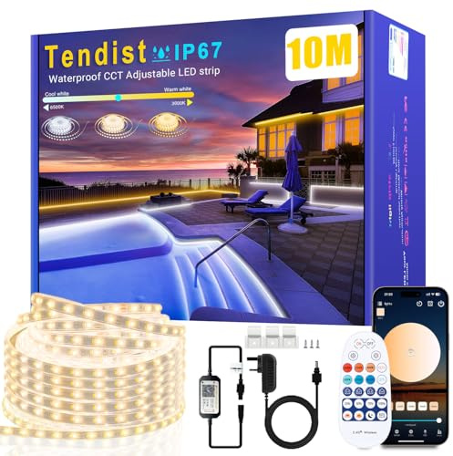 Outdoor Led Strip Lights Waterproof Warm White Led Strip, IP67 Dimmable White Rope Lights with APP & Remote, 24V 3000K to 6500K Self Adhesive Smart Light for Outdoor Garden, Balcony, Patio (10M)