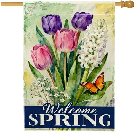 Drapeau de maison tulipes - Motif floral - Jacinthe printanière - Violet - Double face - En toile de jute - Pour extérieur, terrasse, cour, pelouse, entrée, balcon - 71 x 101 cm