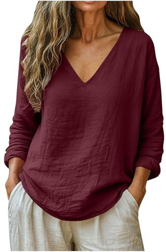Linen Shirts for Women Spring Trendy Long Sleeve V Neck Loose Dressy Blouses Cotton Summer Beach Boho Casual Outfits