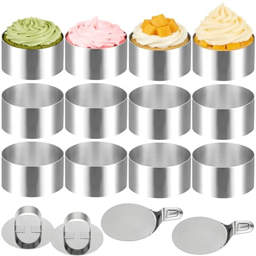 RIVIEVAL Set of 16 Stainless Steel Dessert Rings, 8 cm Round Mousse Cake Rings with Lids and Bases, Reusable Serving Rings for Baking Cakes, Biscuits, Donuts, and Desserts(Boxed)