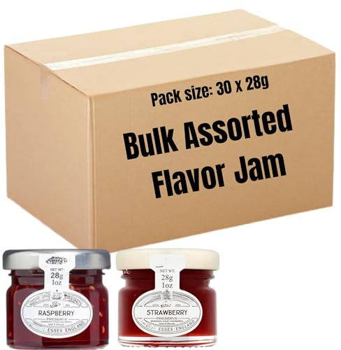 Bulk Jam Portions Assorted 30x28g Mini Glass Jars Strawberry & Blackcurrant Preserves – Single Serve Jam for Hotels, Cafés, Office Breakfast, Guest Gifts & Hospitality Use