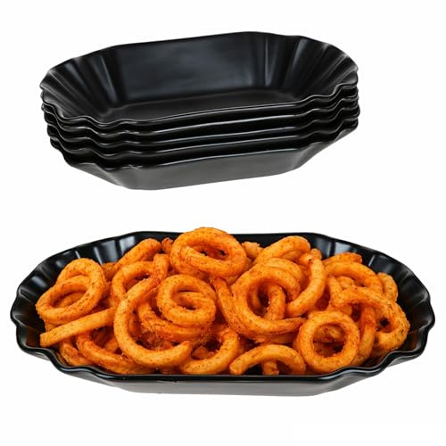 MamboCat 6er Set Black Fries Pommesschale I ovale matt Schwarze Currywurstschale aus Porzellan I Snackteller mit Relief für Beilagen, Würstchen, Pommes & Nuggets I Servierteller
