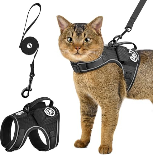 OneTigris Katzen Geschirr Set mit Leine, CATATRIX katzenleine mit Geschirr Ausbruchsicher mit Reflektorstreifen Steuergriff & GPS-Tasche Leichtes Haustiergeschirr für Katzen (Schwarz, XXS)