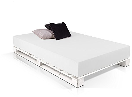 PALETTI Palettenbett Massivholzbett Holzbett Bett aus Paletten mit 11 Leisten, Palettenmöbel Made in Germany, 90 x 200 cm, Fichte Weiss