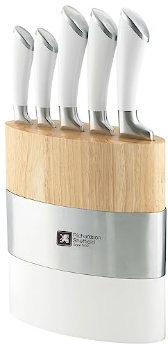 Richardson Sheffield FUSION Messerblock, Holz, inkl. 5-teiliges Messer-Set, Küchenmesser, Allzweckmesser, Kochmesser, Fleischmesser & Brotmesser, ergnomomischer Griff, edles Design, Weiß/Braun