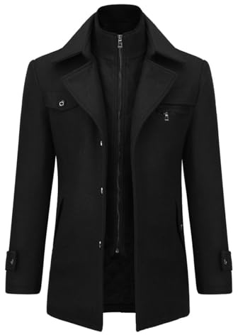 Allthemen Mens Winter Padded Coat Wool Trench Overcoat Mid Length Coat Jacket Casual Slim Fit Coat Jacket Black L