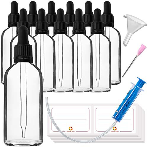 HandsUnity 100ml-12 pièces de Flacon de Verre pour Pipette - Ensemble de Pots de Pharmacie en Verre Transparent Avec Bouchon de Pipette Noir Comprenant 29 Accessoires Flacons en Verre Clair
