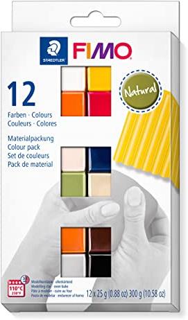 STAEDTLER ofenhärtende Modelliermasse FIMO soft natural colours, weich und geschmeidig, speziell für Einsteiger und Hobbykünstler, 12 Halbblöcke á 25g in sortierten Farben, 8023 C12-4