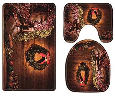 A.Monamour Badezimmer Badematte 3 Teilig Set Cowboy Boots Weihnachtskranz Bunte Kugeln Ornamente In Vintage Holz Kabine Kunst Flanell Saugfähig Badteppiche Badvorleger Badgarnitur WC Vorleger
