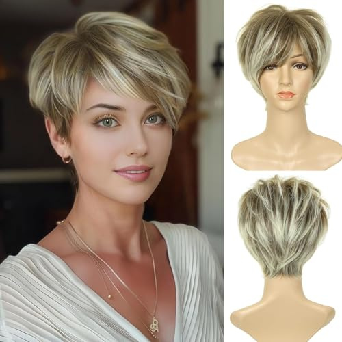 Becus Pixie Cut-peruk kort fluffig syntetisk blond blandad brun skiktad hår med lugg för kvinnor daglig användning