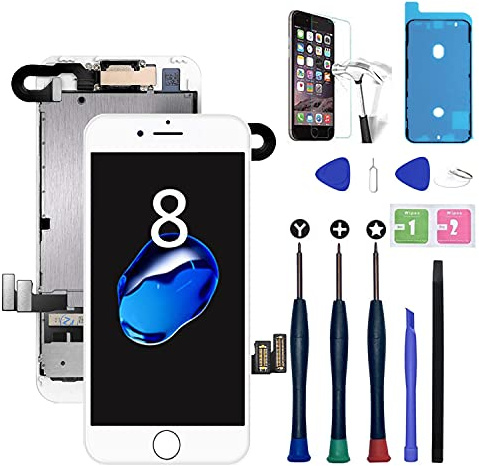 Xlhama Remplacement Écran Complet pour iPhone 8 Blanc 4,7 avec Outils Réparation Caméra Frontale Capteur Proximité Haut-Parleur Feuille Adhésif Interne prédécoupés Verre Trempé Assemblé Blanc