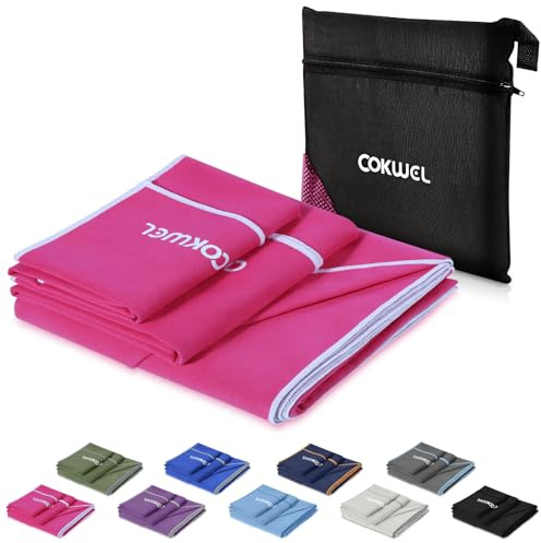 COKWEL Microfaser Handtücher Reisehandtuch 3 Stück-152x80cm/80x38cm/38x38cm - Schnelltrocknender Sporthandtuch, Saugfähiger Mikrofaser Handtuch für Reisen, Fitnessstudio, Strand, Yoga(Rosa)