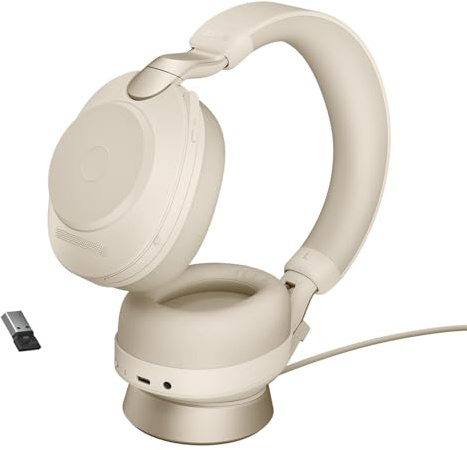 Jabra Evolve2 85 Casque PC Sans Fil avec Station de Charge - Casque Audio Certifié UC Anti-Bruit avec Batterie Longue Durée - Adaptateur Bluetooth USB-A - Beige