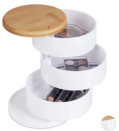 Relaxdays Make Up Organizer, rund, 3 drehbare Ebenen, für Kosmetik & Schmuck, Bambusdeckel, Kunststoff, Schminkbox, weiß