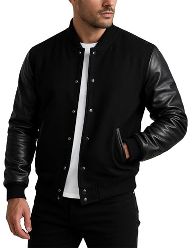 Fashion_First Giacca da baseball unisex Varsity College – Bomber – stile americano Letterman lana + giacca in ecopelle, Nero , XXL