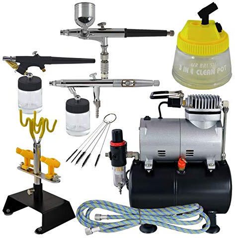 Airbrush-Set Universal II Komplett-Set mit Airbrush Kompressor 3 hochwertigen Pistolen, Halter, Kompressor-3L Tank, Schnellkupplungen, Cleaning Pot, Schlauch und Reinigungsbürsten und Kleinzubehör