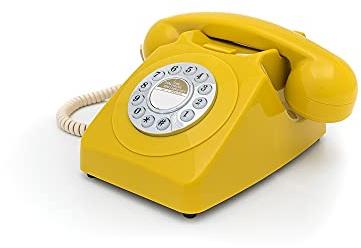 GPO 746 Telefono a Quadrante Push Button, Telefono Fisso Vintage per Casa, Ufficio, Telefoni Retro Con Suoneria a Campanello Originale e Cavo Arricciato, Mustard