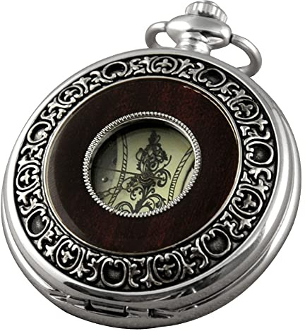 VIGOROSO Mekaniskt fickur för män vintage steampunk träfiber ihålig design med kedja och låda, SILVER, Mekanisk