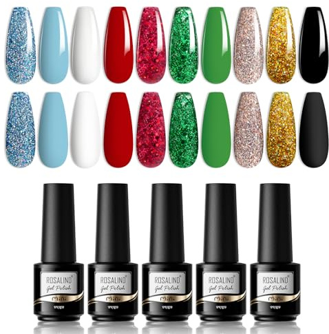 ROSALIND UV Nagellack Weiß Grün Set, 10 Farben UV LED Gel Nagel Set Rot Schwarzer Blau Glitter Nail Art Soak Off Black Gel Nail Polish für Nagel Design