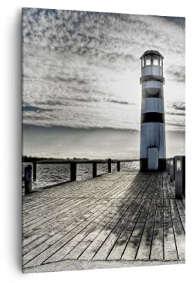 ARTTOR Leinwandbild 70x100 cm Wandbild Landschaften Maritim - 0330 | See Leuchtturm Holz Vertikal Groß Wanddekoration Wohnzimmer Schlafzimmer Wandkunst Wanddeko Wand Kunstdruck Küche ARTTOR