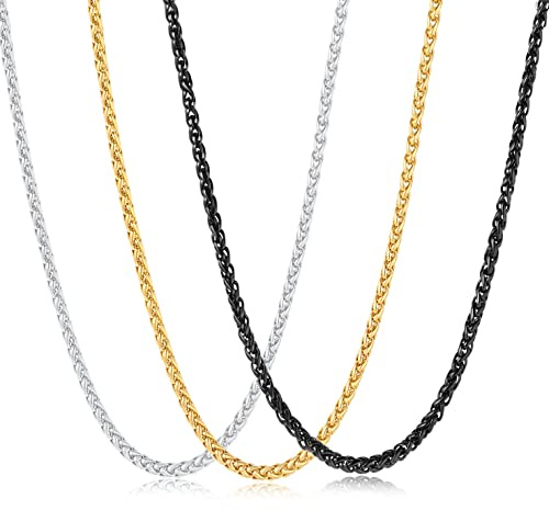 Garysiom 3 Pcs Chain Necklace for Men, 4mm Stainless Steel Gold Black and Silver Wheat Chains for Men Jewelry Gift, 20 Inches
