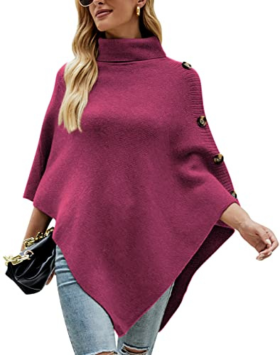 KOOSUFA Damen Strickponcho Rollkragen Gestrickter Poncho mit Dekorativen Knöpfen Strick Pullover Poncho Cape Einheitsgröße Rose