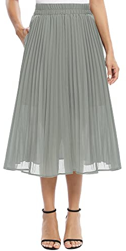 EXCHIC Damen Fließender Chiffon Elastisch Taille Midi Rock Freizeit A-Linie Knielange Falten Rock mit Tasche (S, Dunkelgrau)