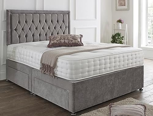 SANA SLEEP Designer Damask Memory Foam Divan Bed Set With Mattress, 2 Drawers (Same Side) and Headboard 5FT King - Naples Grey