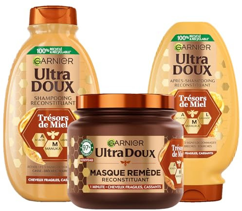 Garnier Ultra Doux Trésors de Miel - Routine Capillaire Reconstituante - Shampooing, Après-Shampooing & Masque - À la Cire d'Abeille & Au Miel d'Acacia - Pour Cheveux Fragiles & Cassants