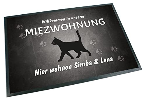 Unikatolo Fußmatte Miezwohnung mit Namen personalisiert - Teppich, Fußabtreter, Vorleger, Flur, Geschenkidee Haustierbesitzer, Hochzeit, Richtfest, Einzug, Jubiläum, Betriebsjubiläum (60 x 40 cm)