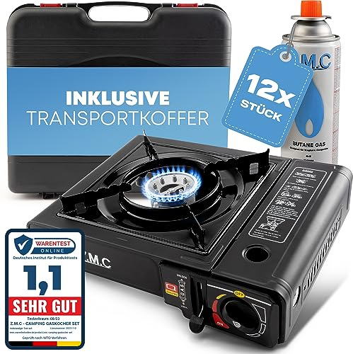 Z.M.C Fornello a gas a 1 luce, con adattatore per GPL + valigetta + 12 cartucce di gas da 227 g, fornello da campeggio per interni ed esterni, fornello a gas da campeggio 2,2 kW con accensione