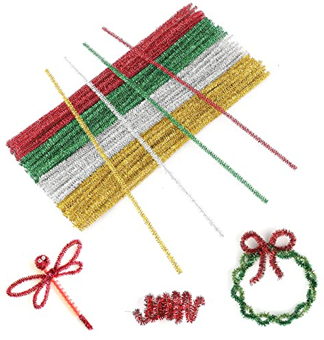jijAcraft Glitzer Pfeifenreiniger 100 Stück Chenilledraht, 6 MM * 30 cm, Ideal für DIY Basteln, Weihnachtszierde Making und Dekorieren - Bunt mit 4 Farben